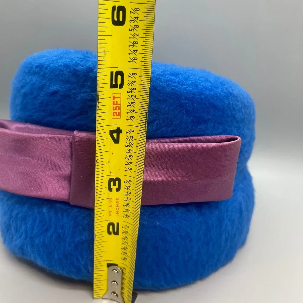 Vintage Electric Blue Fuzzy Wool Pillbox Hat Mauve Satin Bow Mid Century Modern